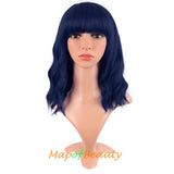 Mapofbeauty Short Pink Wavy Bob Wigs with Bangs Shoulder Length Curly Wigs Flat Bang Hair Synthetic Party Wig