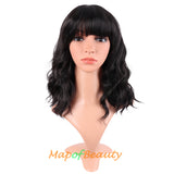 Mapofbeauty Short Pink Wavy Bob Wigs with Bangs Shoulder Length Curly Wigs Flat Bang Hair Synthetic Party Wig