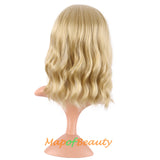 Mapofbeauty Short Pink Wavy Bob Wigs with Bangs Shoulder Length Curly Wigs Flat Bang Hair Synthetic Party Wig