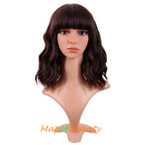 Mapofbeauty Short Pink Wavy Bob Wigs with Bangs Shoulder Length Curly Wigs Flat Bang Hair Synthetic Party Wig