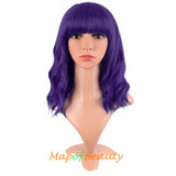 Mapofbeauty Short Pink Wavy Bob Wigs with Bangs Shoulder Length Curly Wigs Flat Bang Hair Synthetic Party Wig