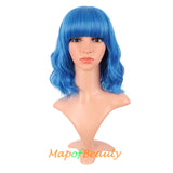 Mapofbeauty Short Pink Wavy Bob Wigs with Bangs Shoulder Length Curly Wigs Flat Bang Hair Synthetic Party Wig