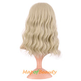 Mapofbeauty Short Pink Wavy Bob Wigs with Bangs Shoulder Length Curly Wigs Flat Bang Hair Synthetic Party Wig