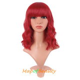Mapofbeauty Short Pink Wavy Bob Wigs with Bangs Shoulder Length Curly Wigs Flat Bang Hair Synthetic Party Wig