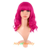 Mapofbeauty Short Pink Wavy Bob Wigs with Bangs Shoulder Length Curly Wigs Flat Bang Hair Synthetic Party Wig