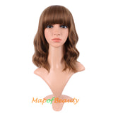 Mapofbeauty Short Pink Wavy Bob Wigs with Bangs Shoulder Length Curly Wigs Flat Bang Hair Synthetic Party Wig