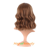 Mapofbeauty Short Pink Wavy Bob Wigs with Bangs Shoulder Length Curly Wigs Flat Bang Hair Synthetic Party Wig