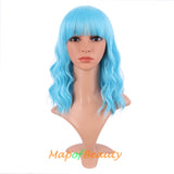 Mapofbeauty Short Pink Wavy Bob Wigs with Bangs Shoulder Length Curly Wigs Flat Bang Hair Synthetic Party Wig