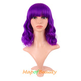 Mapofbeauty Short Pink Wavy Bob Wigs with Bangs Shoulder Length Curly Wigs Flat Bang Hair Synthetic Party Wig