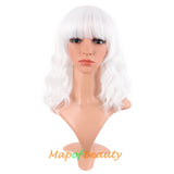 Mapofbeauty Short Pink Wavy Bob Wigs with Bangs Shoulder Length Curly Wigs Flat Bang Hair Synthetic Party Wig