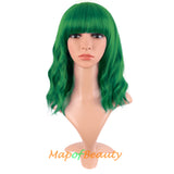 Mapofbeauty Short Pink Wavy Bob Wigs with Bangs Shoulder Length Curly Wigs Flat Bang Hair Synthetic Party Wig