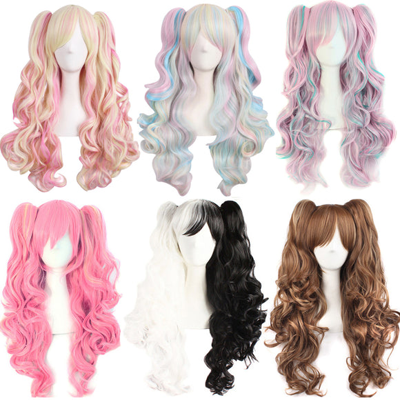 Lolita Cosplay Wigs For Women Long Wave Curly Multi Colored Three-piece Hair Ponytails Separate