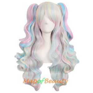 Lolita Cosplay Wigs For Women Long Wave Curly Multi Colored Three-piece Hair Ponytails Separate