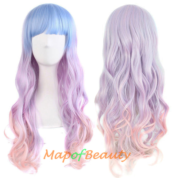 Ombre Wig Synthetic Long Curly Multi Colored Costume Party Cosplay Wigs for Women