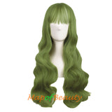 Lolita Air Bangs Long Wavy Curly Hair Fashion Cosplay Wigs for Women (Granny gray/Light Sea Green)