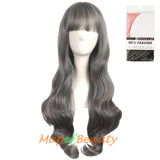 Lolita Air Bangs Long Wavy Curly Hair Fashion Cosplay Wigs for Women (Granny gray/Light Sea Green)