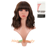 Mapofbeauty Short Pink Wavy Bob Wigs with Bangs Shoulder Length Curly Wigs Flat Bang Hair Synthetic Party Wig