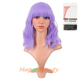 Mapofbeauty Short Pink Wavy Bob Wigs with Bangs Shoulder Length Curly Wigs Flat Bang Hair Synthetic Party Wig