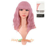 Mapofbeauty Short Pink Wavy Bob Wigs with Bangs Shoulder Length Curly Wigs Flat Bang Hair Synthetic Party Wig